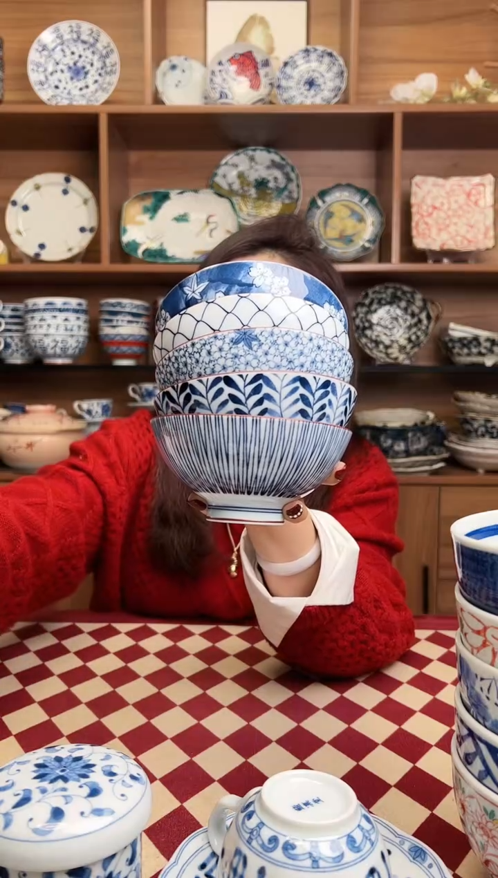 【闪购商品】瓷片華火青花12.2cm中饭碗 5只混搭套装