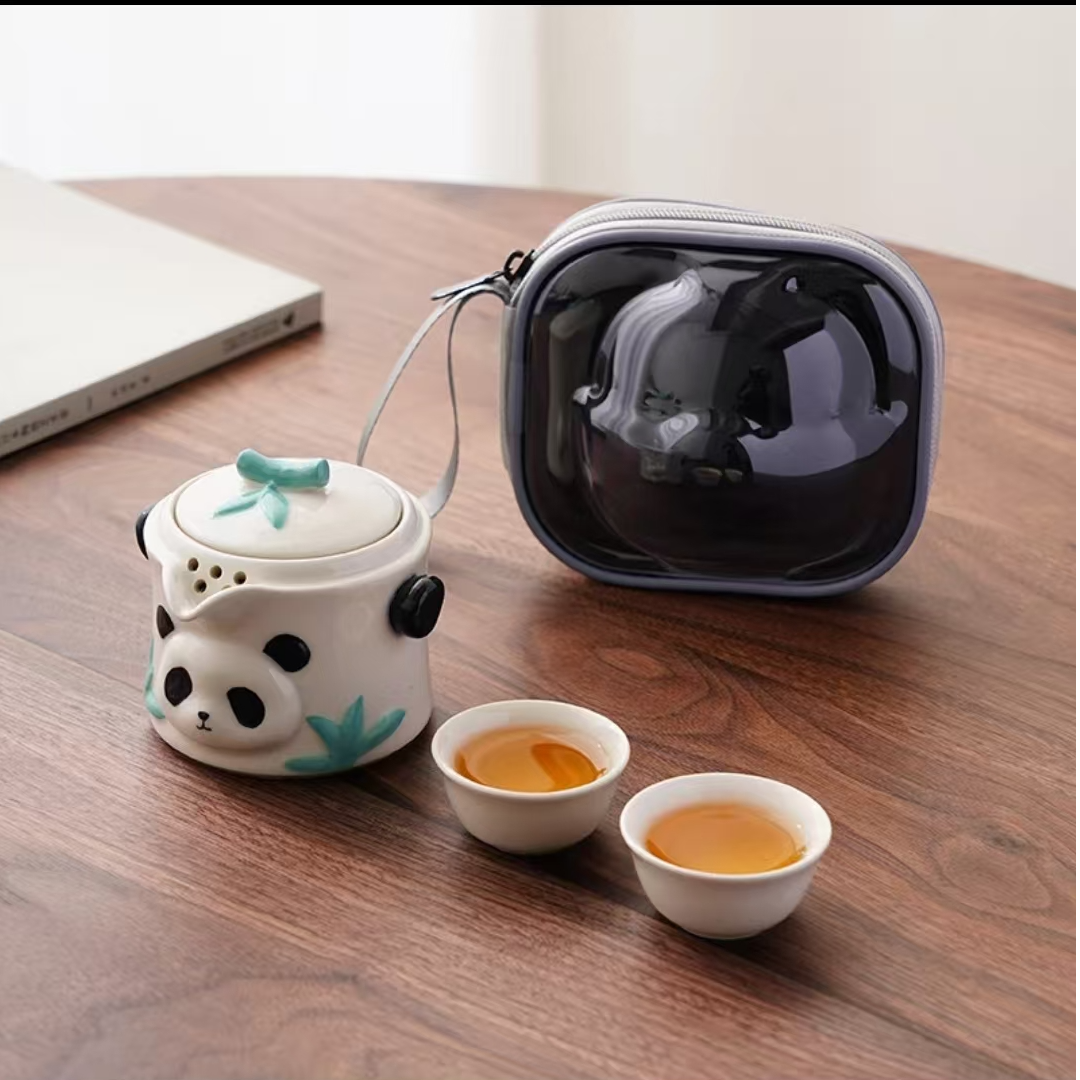【沉鱼】熊猫旅行茶具套装车载快客杯便携式泡茶户外茶杯旅游白瓷