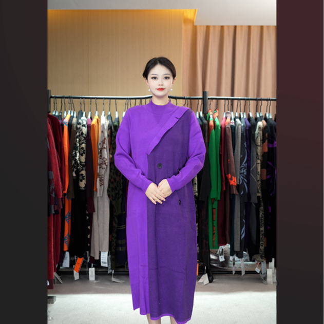 3超值秋冬时尚新款灰色大码花朵拼色遮肉显瘦连衣裙