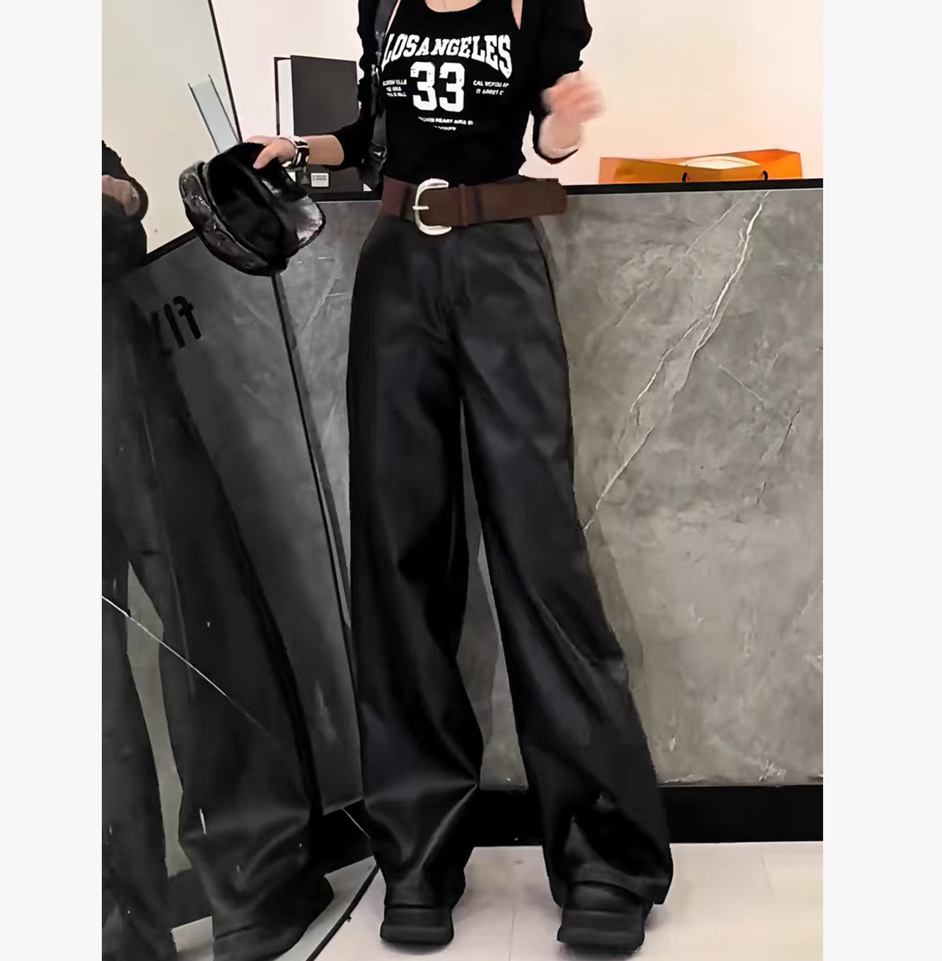 D25 120911 【送重工腰带】新款高腰显瘦直筒阔腿加厚皮裤女
