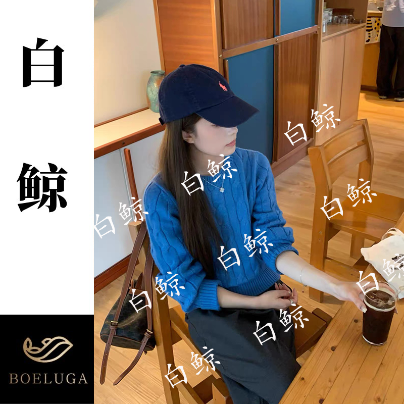 【白鲸】圆领套头麻花针织衫女2025冬季蓝色慵懒百搭长袖毛衣2868