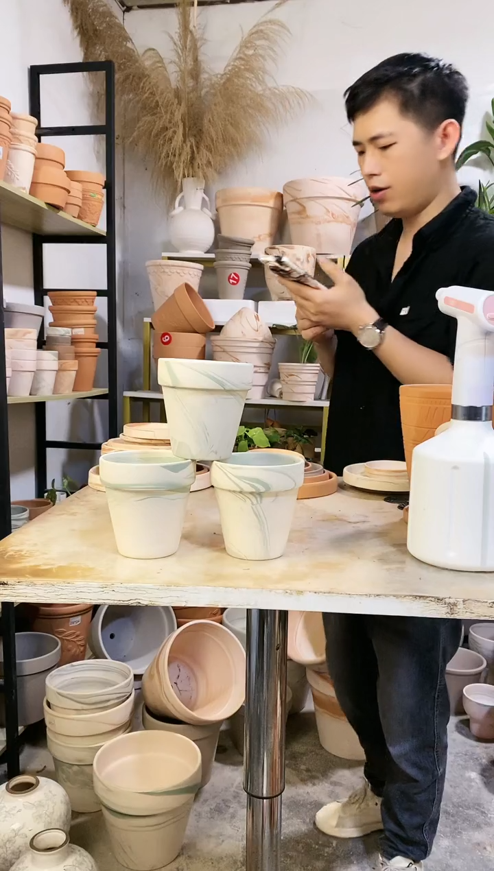 10*10绿白陶 3盆无托