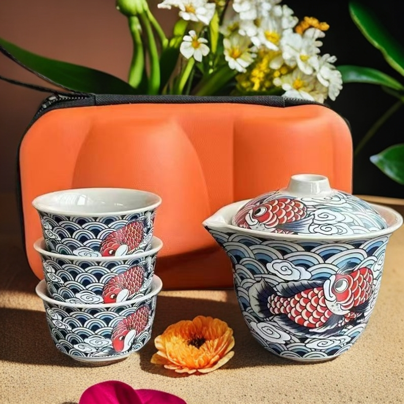 KK0658-麦芽黄手抓壶海浪锦鲤一壶三杯(平口)手绘龙纹中式陶瓷