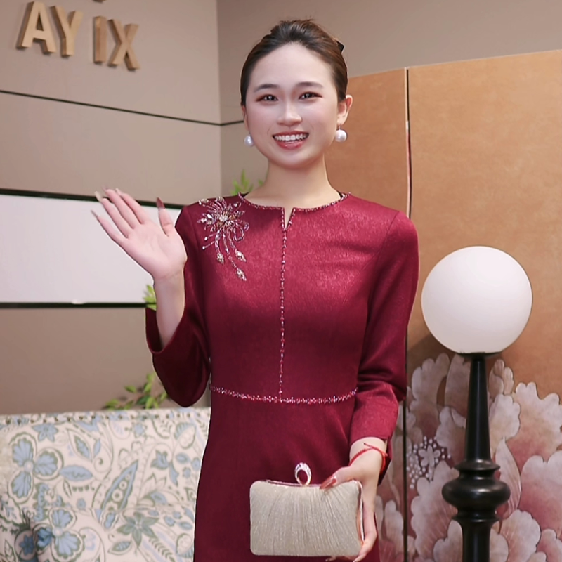 新款喜婆婆妈妈装喜宴婚宴礼服显气质显瘦修身中长款