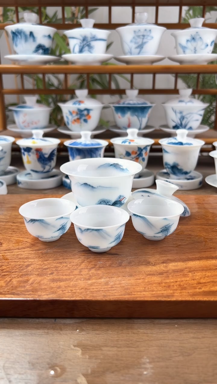 又*微瑕高冰千里江山130ml三才盖碗+一口杯3个