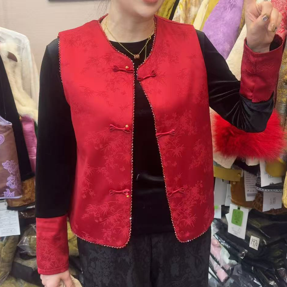 861新复古中式国风红色马甲打底衫两件套新款盘扣套装