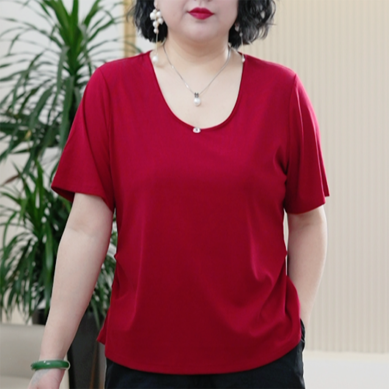 莱赛尔天丝T恤女捏褶夏季细螺纹超高弹力裸感冰凉柔软舒适垂上衣