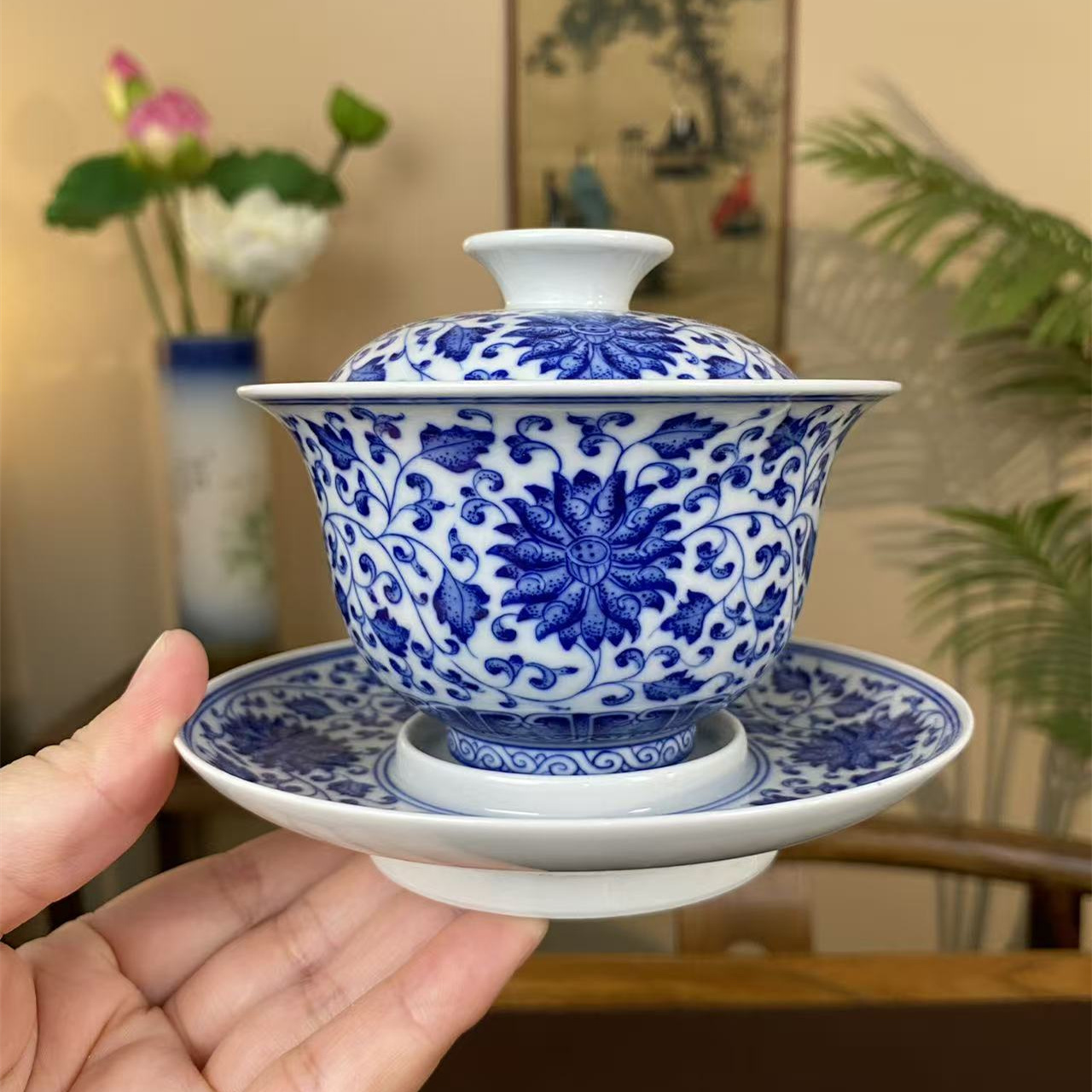 【九茗珍藏】缠枝莲 压手 盖碗手工手绘景德镇茶具容量150毫升