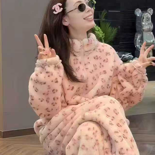 【豹纹新款】冬季新款豹纹立领拉链热力绒睡衣保暖气质家居套装