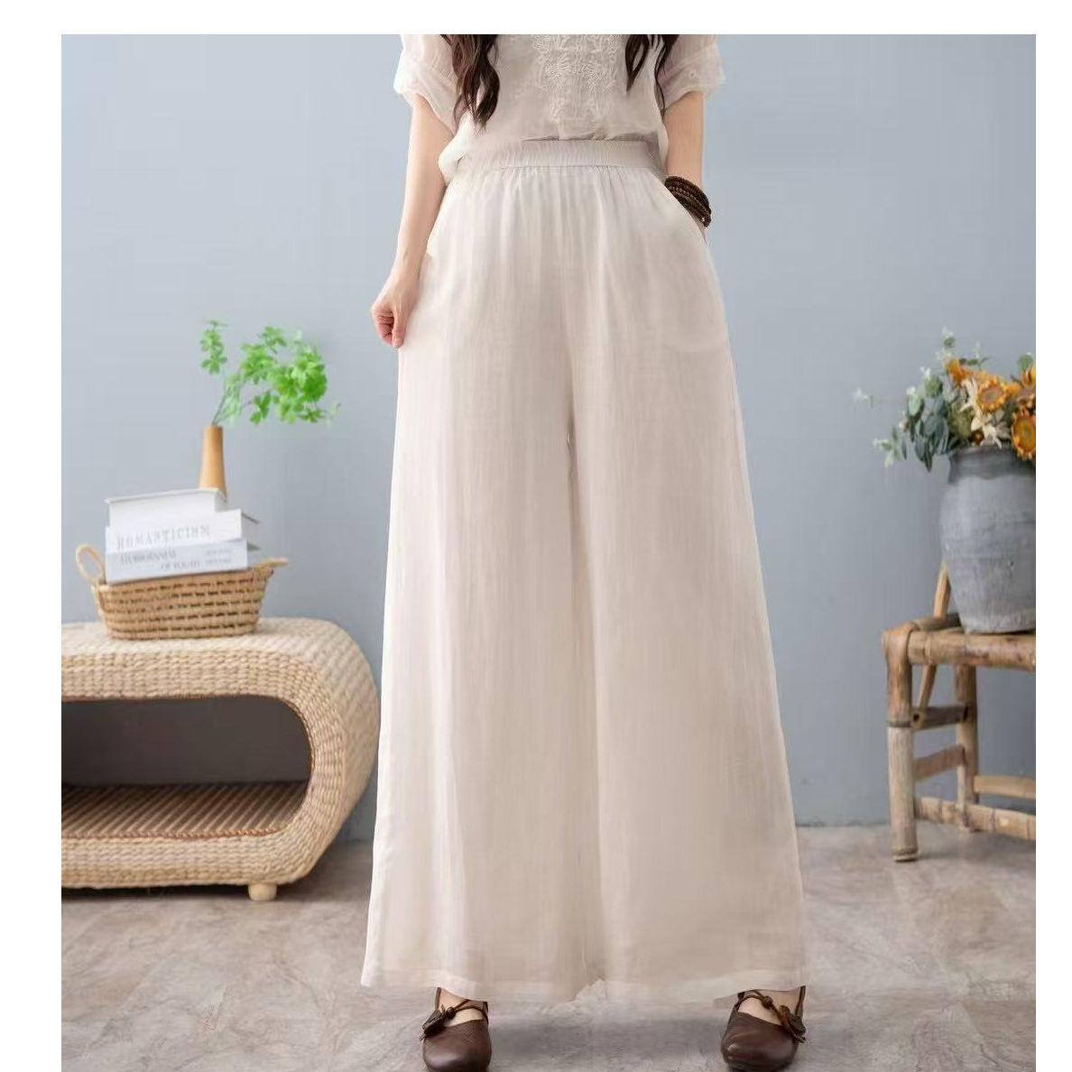 9122复古苎麻内包边休闲裤女夏2025新款文艺纯色宽松百搭阔腿裤