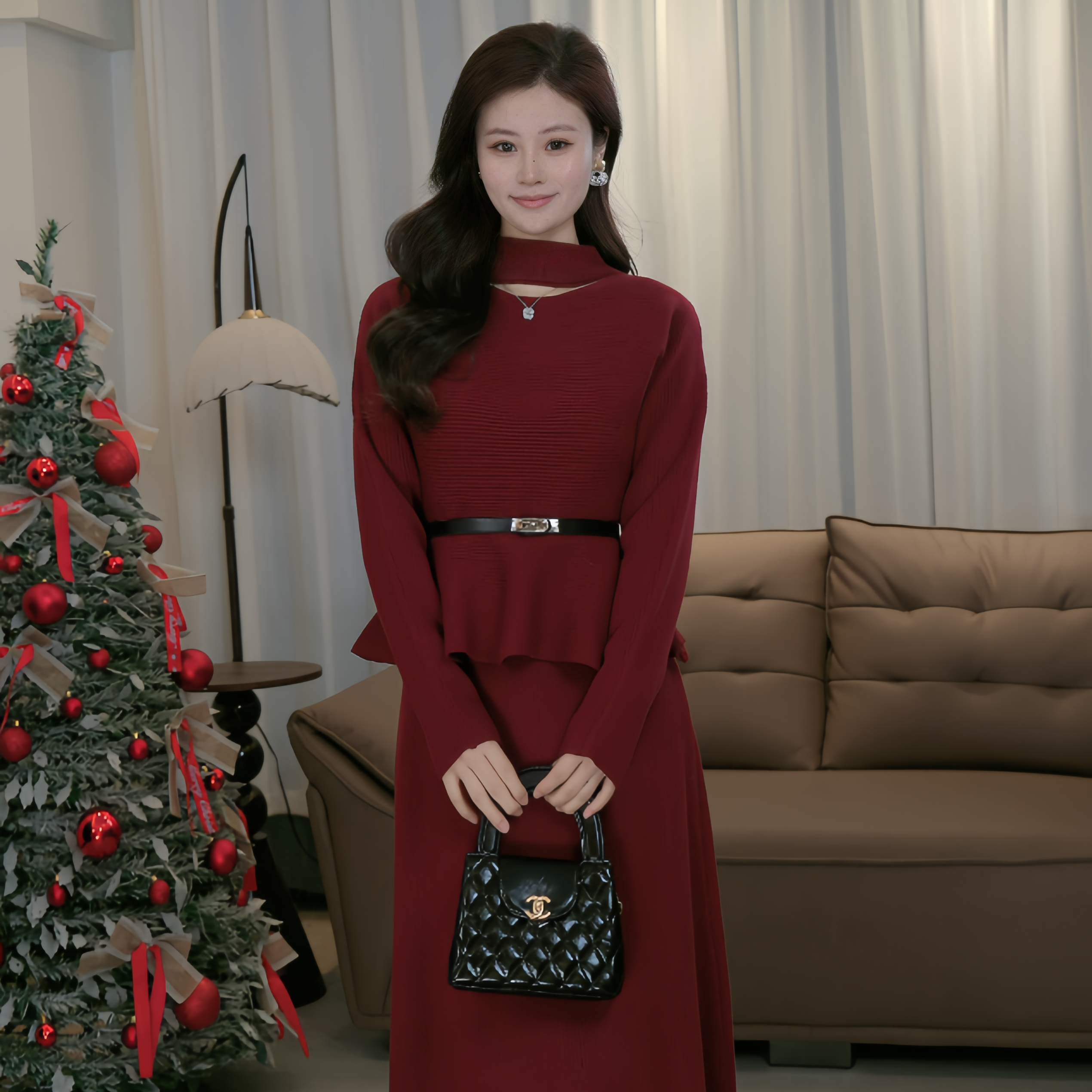 2025年新款女时尚气质显瘦长袖高级感两件套套装修身