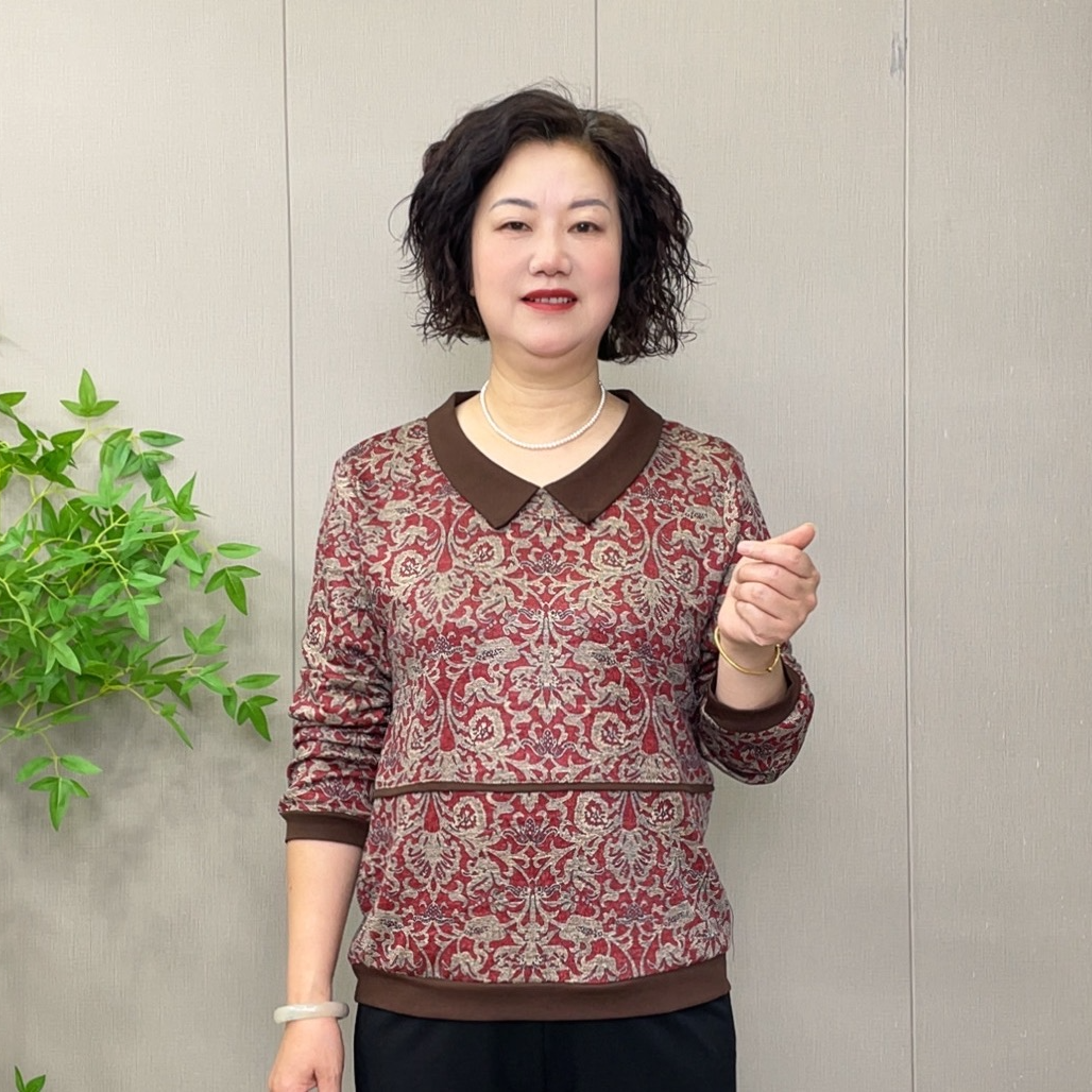 2025秋季新款洋气气质长袖复古时尚拼接款碎花中老年翻领妈妈装
