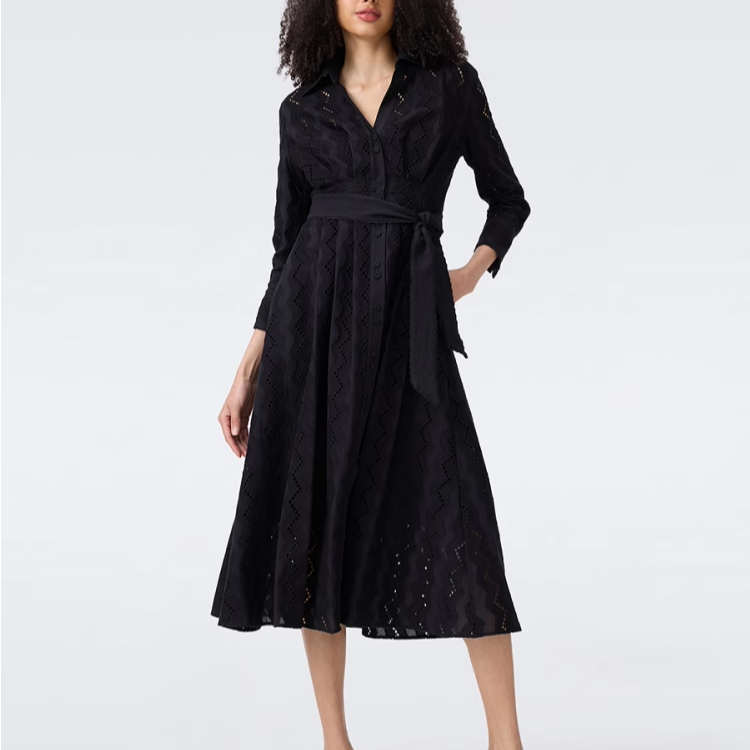 葭恩DF25新款曜石黑蕾丝网眼连衣裙0956