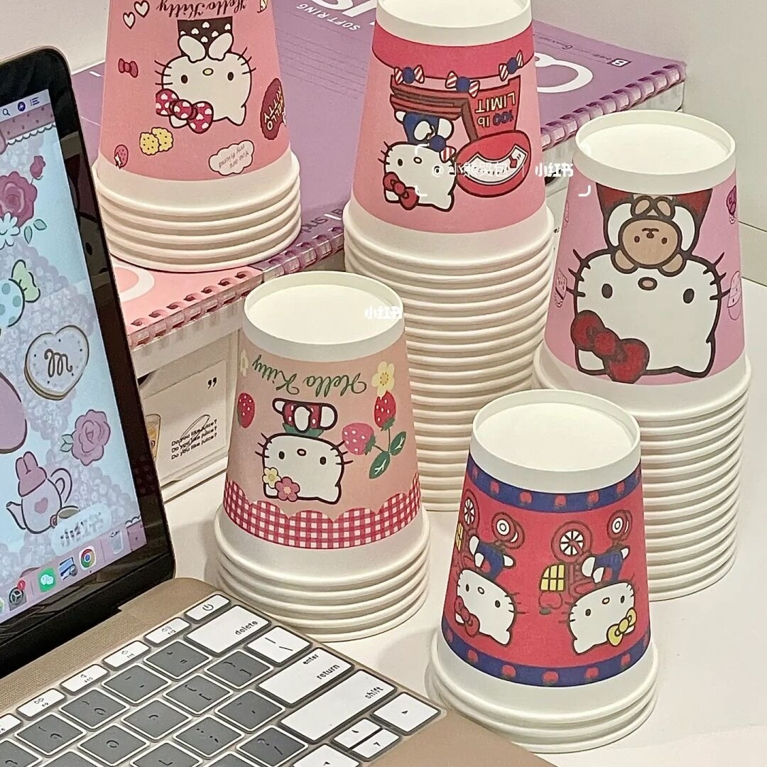 小红书同款KT猫可爱纸杯节日家用聚会加厚高颜值彩色一次性水杯
