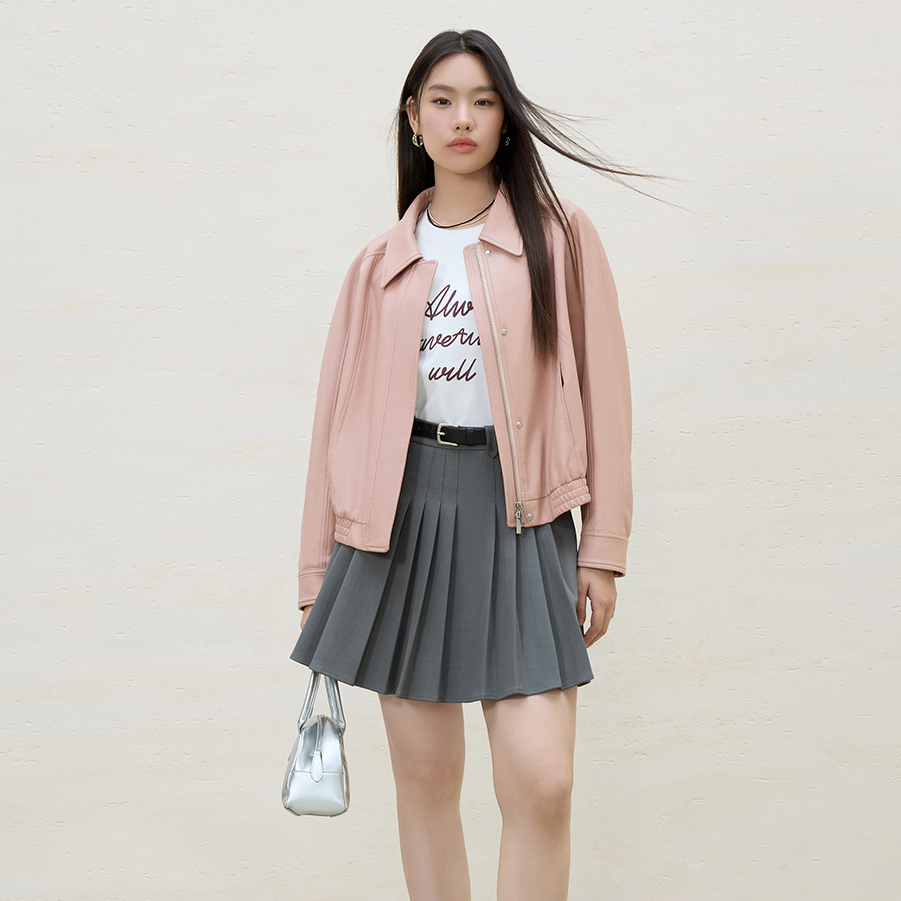 独束微胖大码女装复古宽松拉夫系皮衣夹克时尚微胖外套25DS81146