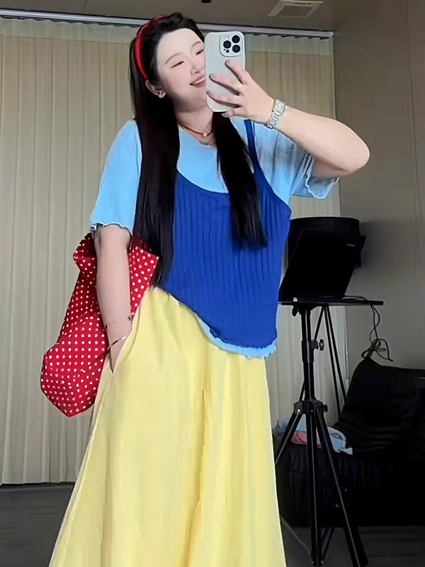 大码女装假两件拼接撞色短袖t恤夏季新款胖mm宽松半身裙套装7125