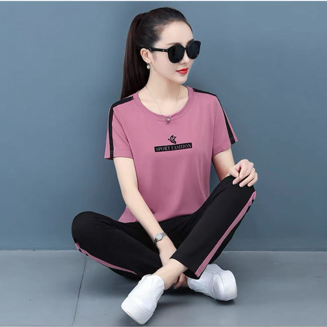 短袖运动套装女夏季2025新款广场舞时尚中年妈妈休闲服两件套s009