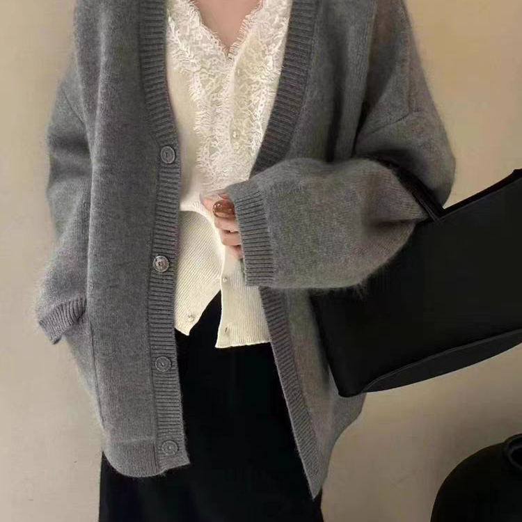 秋冬新款纯色开衫高级显瘦针织衫时尚百搭宽松外套DD