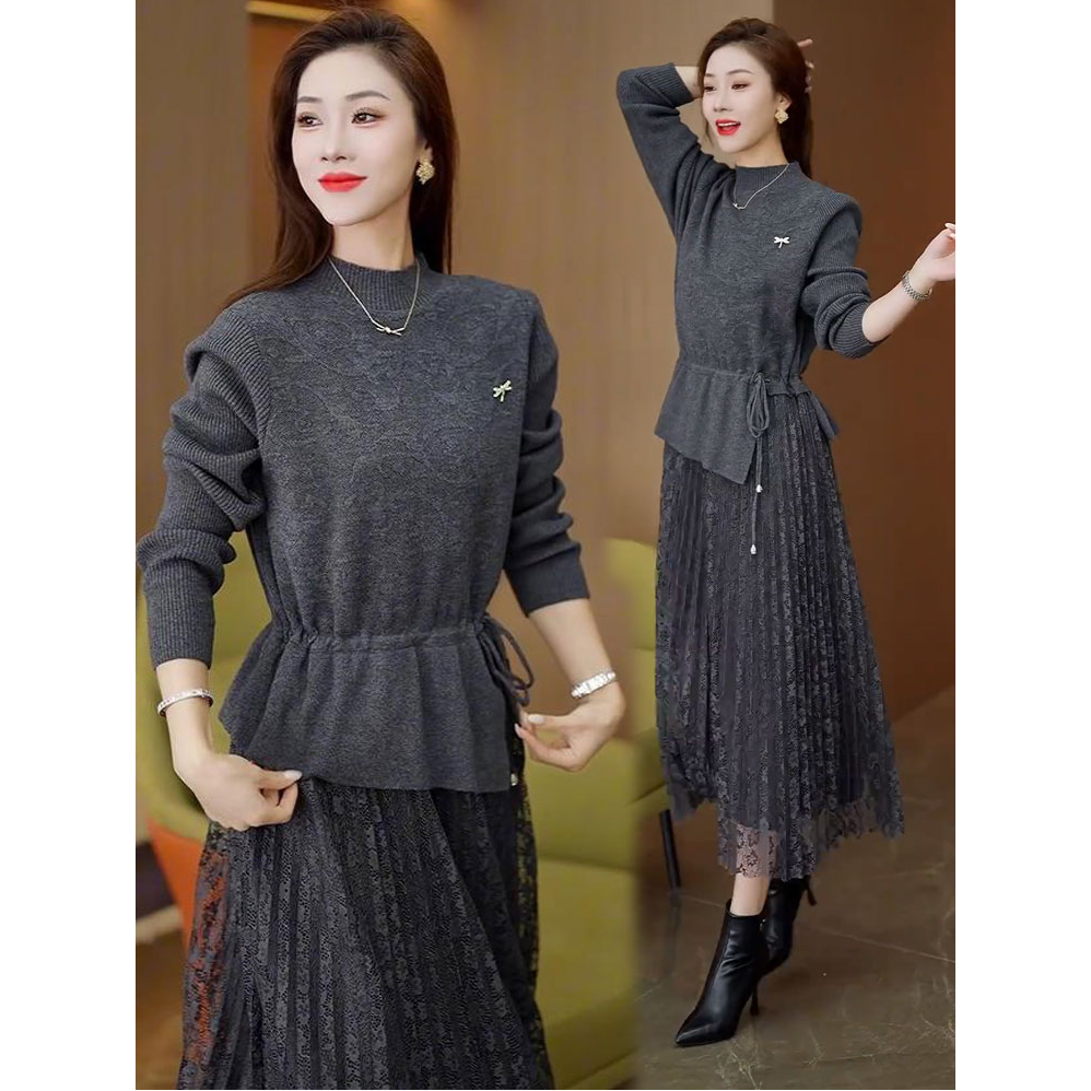 针织连衣裙女2025秋冬新款时髦洋气中长款假两件加厚打底针织裙子