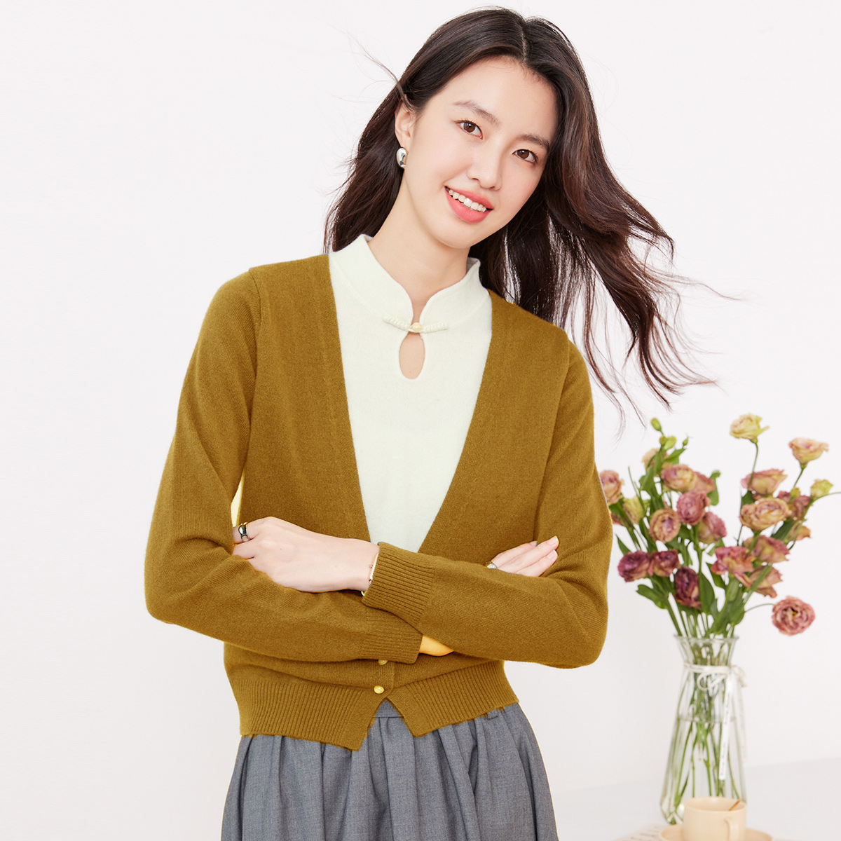 100%绵羊毛真开衫假两件女式羊毛衫25DAK0044