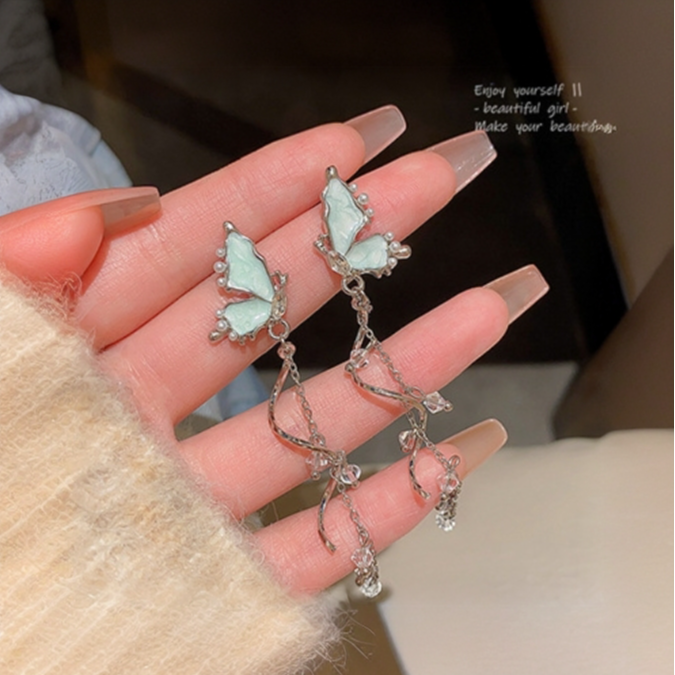 足银树脂耳饰 银色女蝴蝶/蜻蜒/昆虫蓝色耳钉小众耳饰欧若假日风