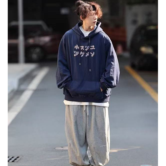 R008日系复古秋冬季保暖加绒加厚简约字母学院风宽松百搭连帽卫衣