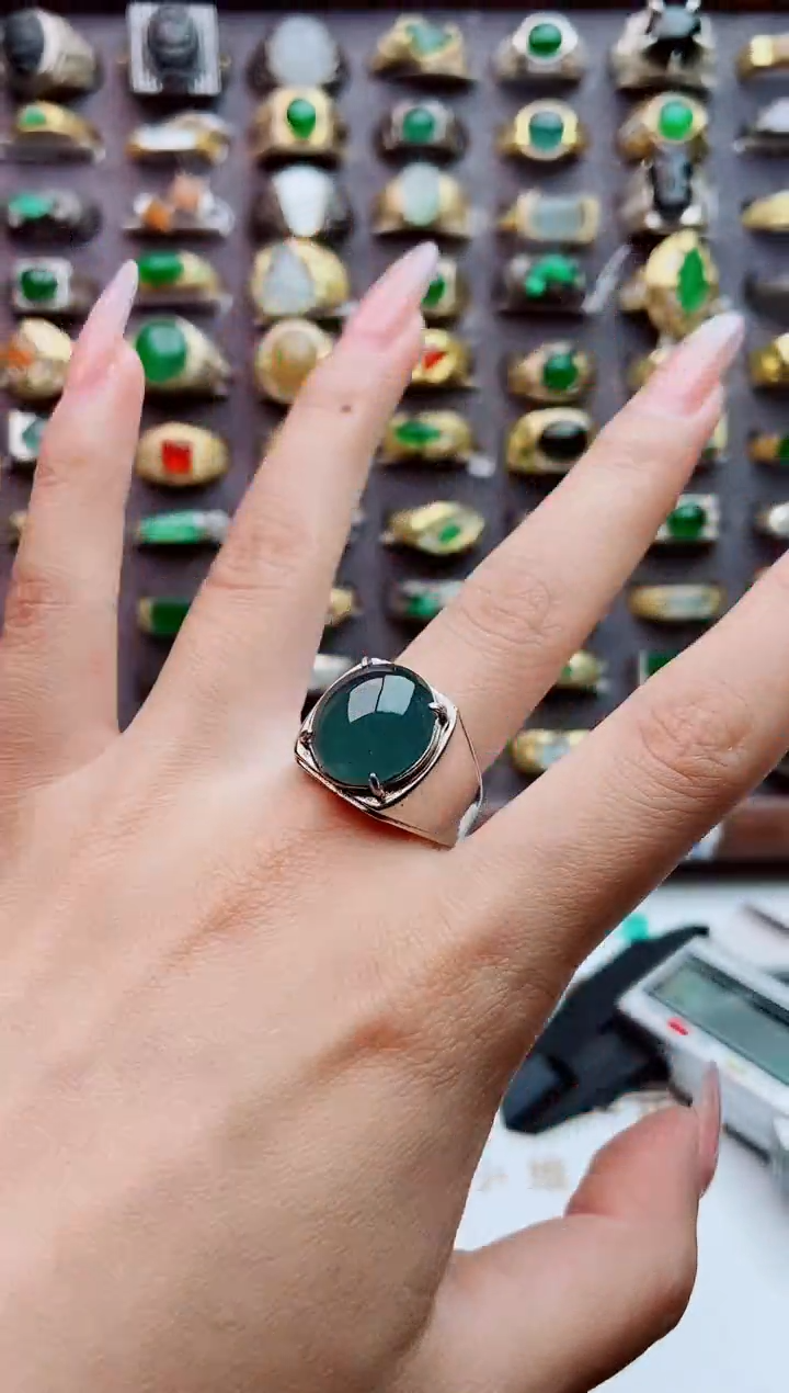 银S925镶嵌戒指翡翠天然翡翠男戒