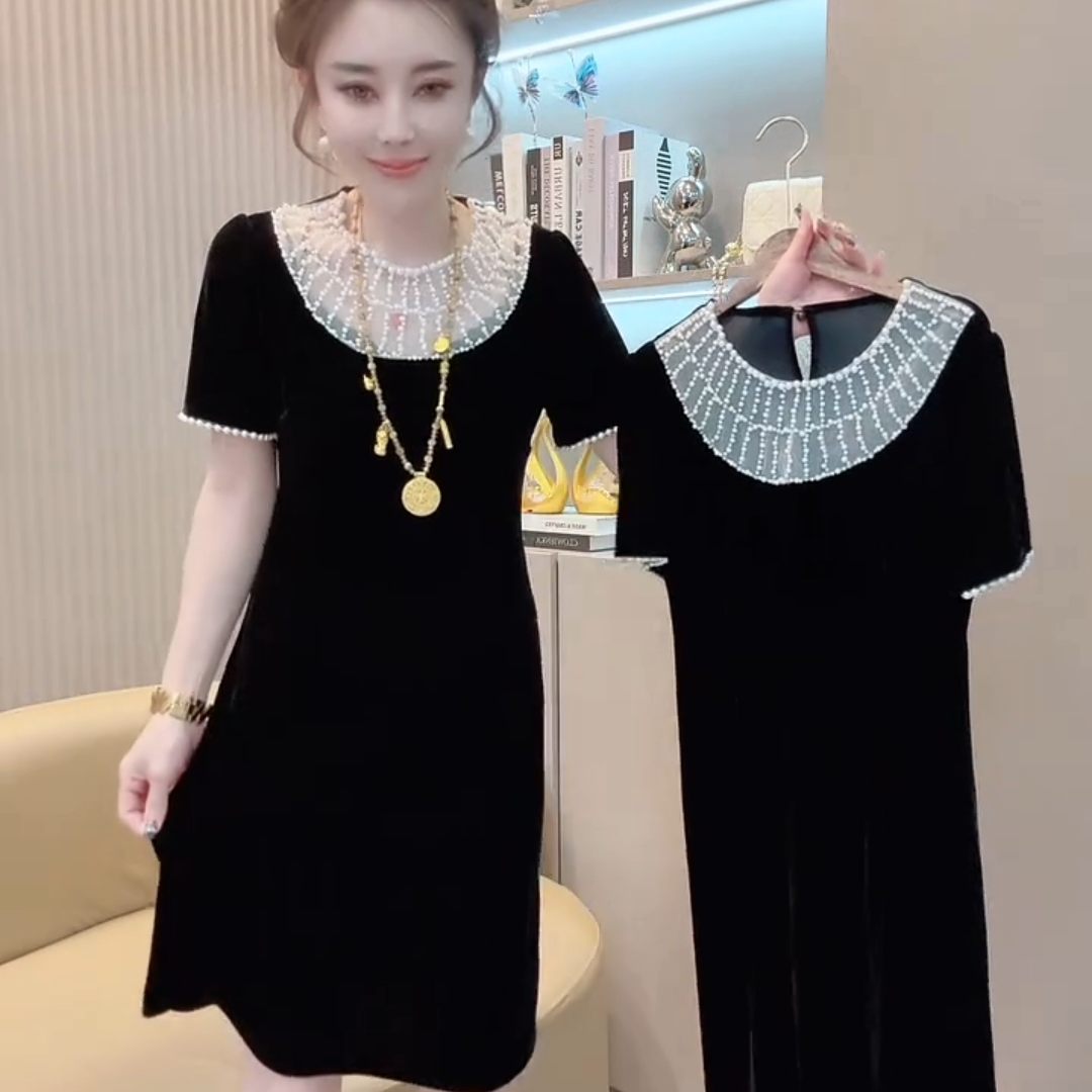 夏季小黑裙中长裙高弹力气质慵懒风洋气显连衣裙