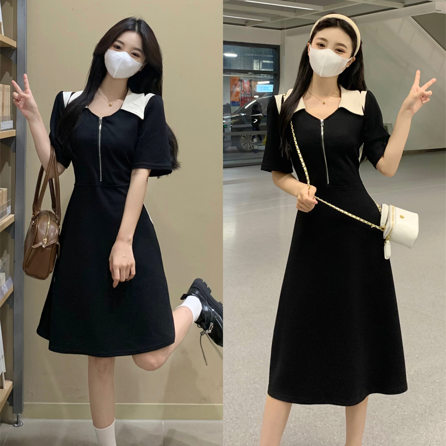 （现货 )胖MMpolo领小众设计感撞色收腰胖妹妹显瘦连衣裙子1480