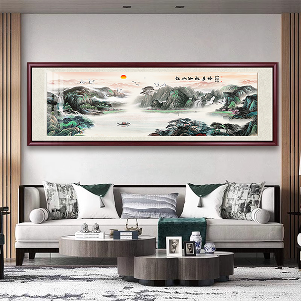 【江山如此多娇-1】实木画框风景新中式横款办公室客厅背景装饰牌匾