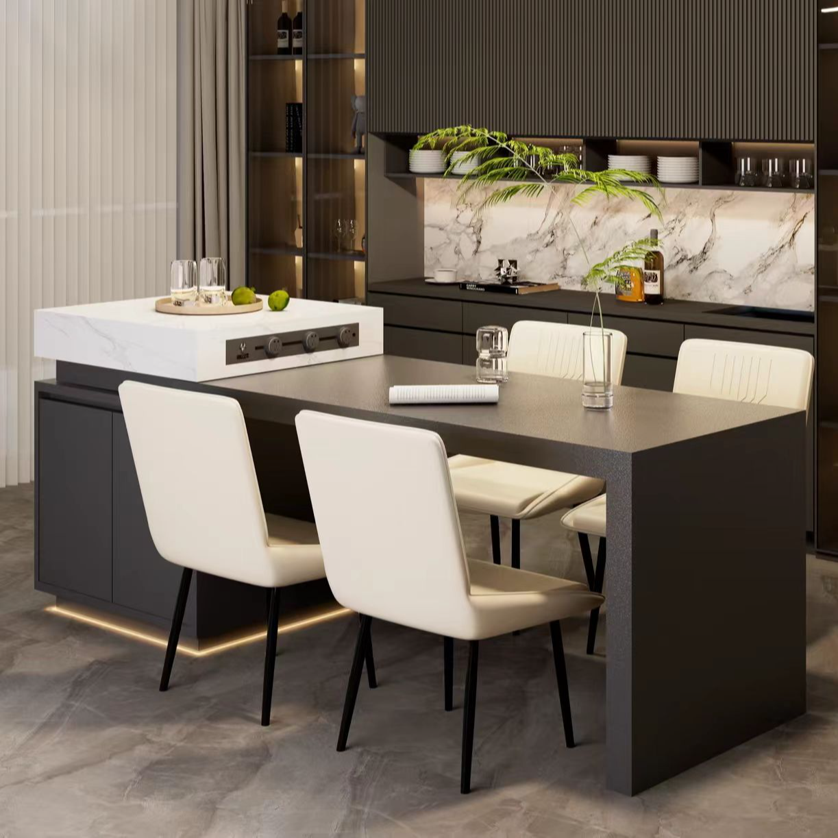 意式极简可伸缩多功能岛台餐桌一体家用高级中岛台厨房岩板导倒台