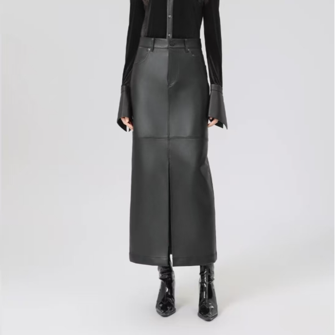 limil/丽米儿0.3毫米厚度小羊皮高腰开叉黑色中长款半裙女9200185