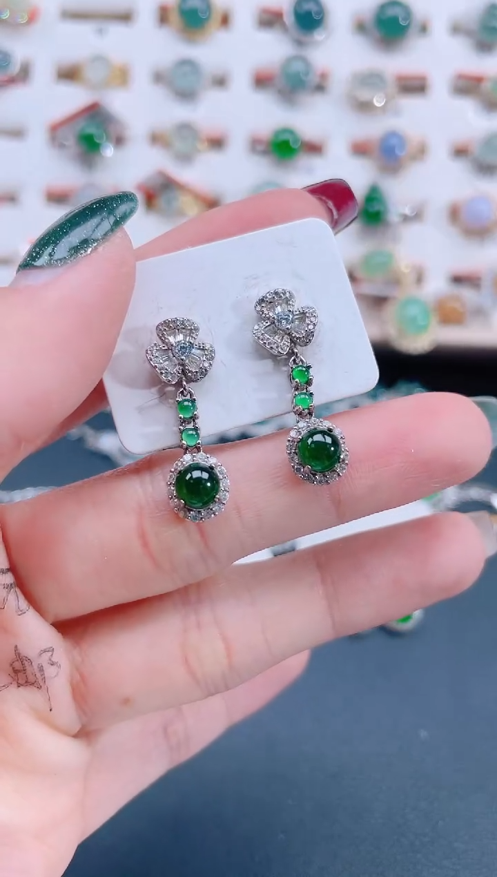 银S925镶嵌翡翠耳饰天然翡翠