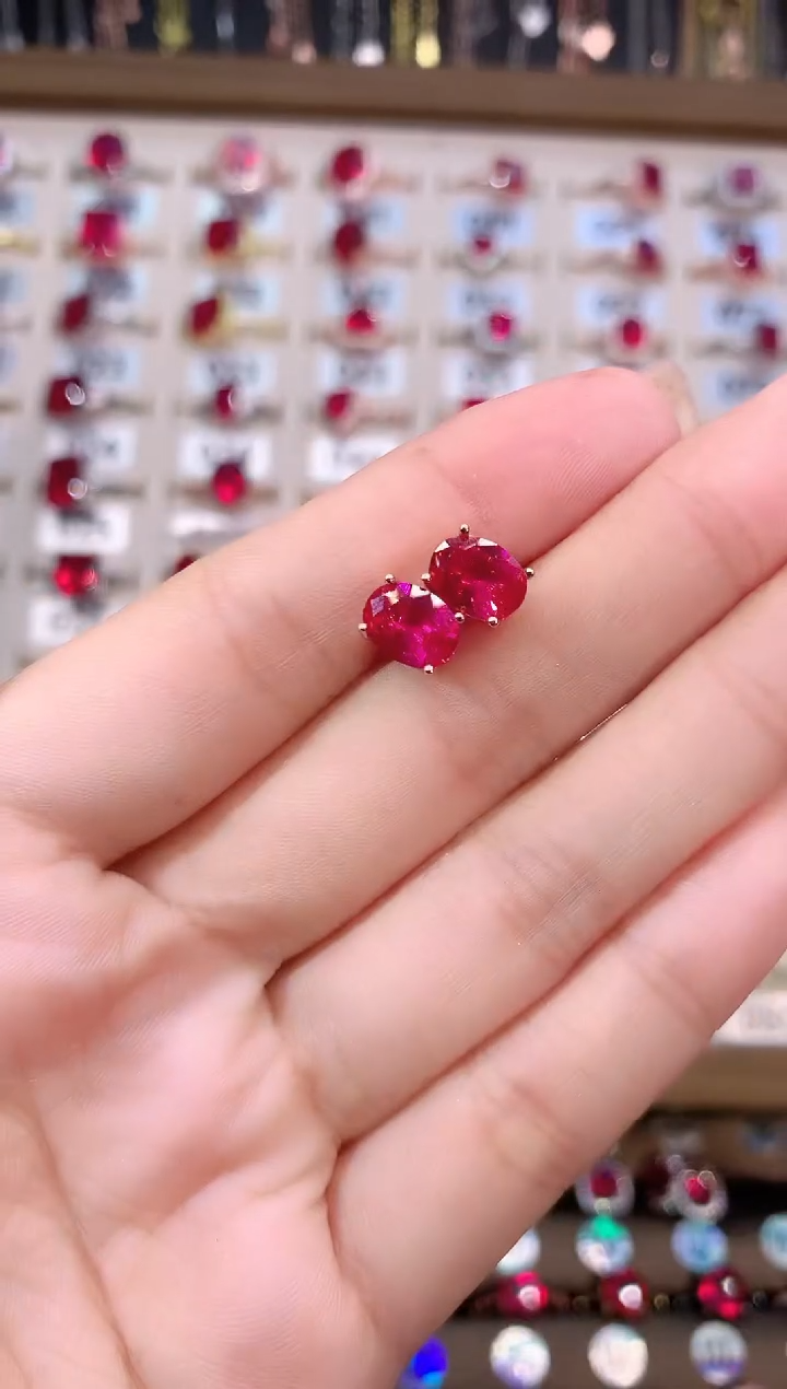 耳饰银S925镶嵌红宝石68玫瑰金