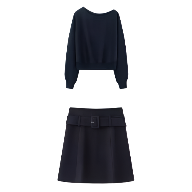 【裙子送腰带】秋新款洋气圆领套装气质百搭显瘦A字半身裙女843003