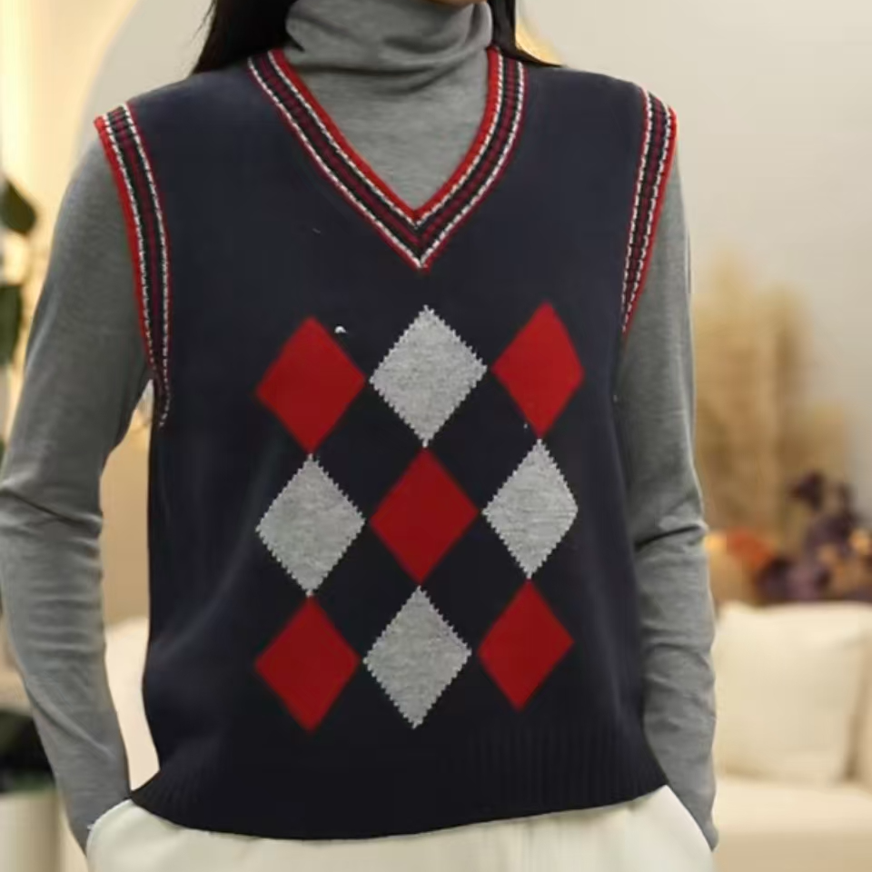 凌云推荐！100%羊毛菱形格V领背心