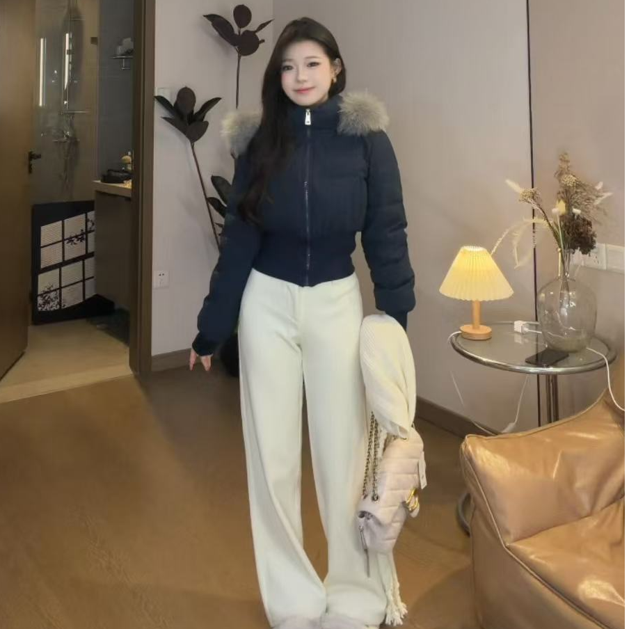 onee自制小个子【裤子】白色加绒直筒中低腰百搭不挑人可搭配套装款