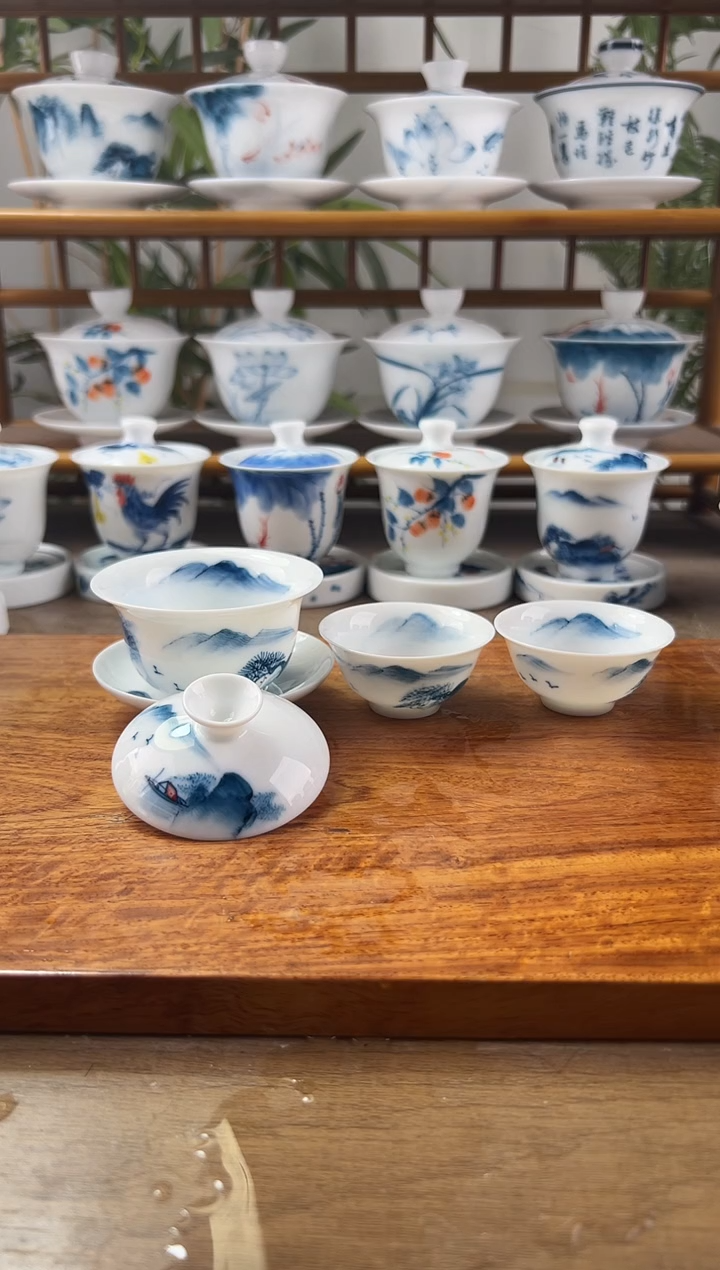 微瑕千里江山80ml三才盖碗+小玉兰杯2个