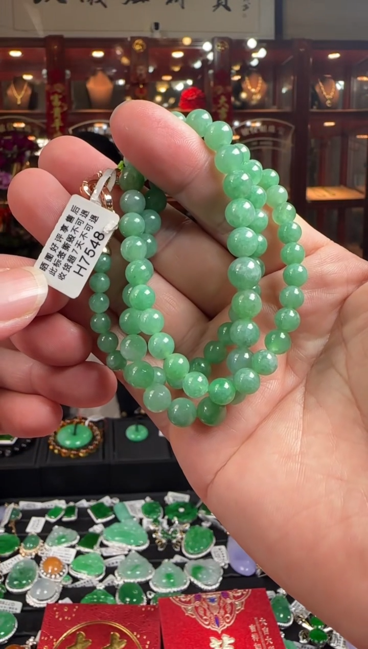 【闪购商品】翡翠项链未镶嵌H7548果绿珠项链6-8