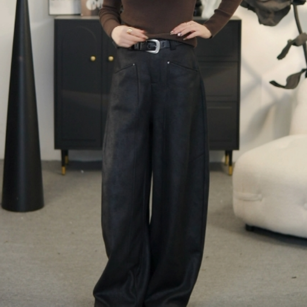 板娘同款冬季加绒加厚麂皮绒休闲弯刀裤秋冬阔腿裤