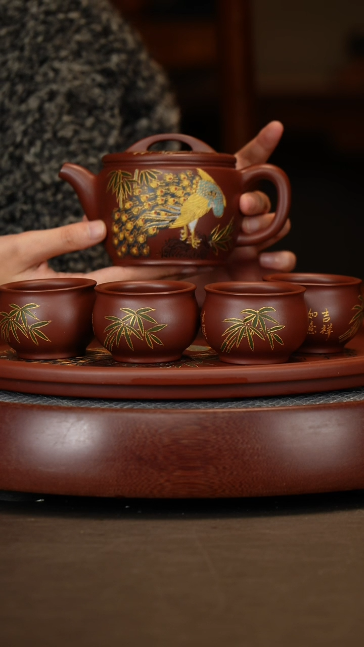 【闪购商品】紫砂茶壶老紫泥汉瓦套组+梅兰竹菊四条屏