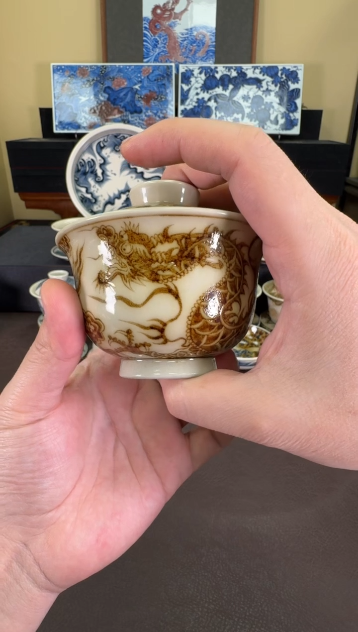 【闪购商品】瓷片釉里金1351龙纹元宝盖碗