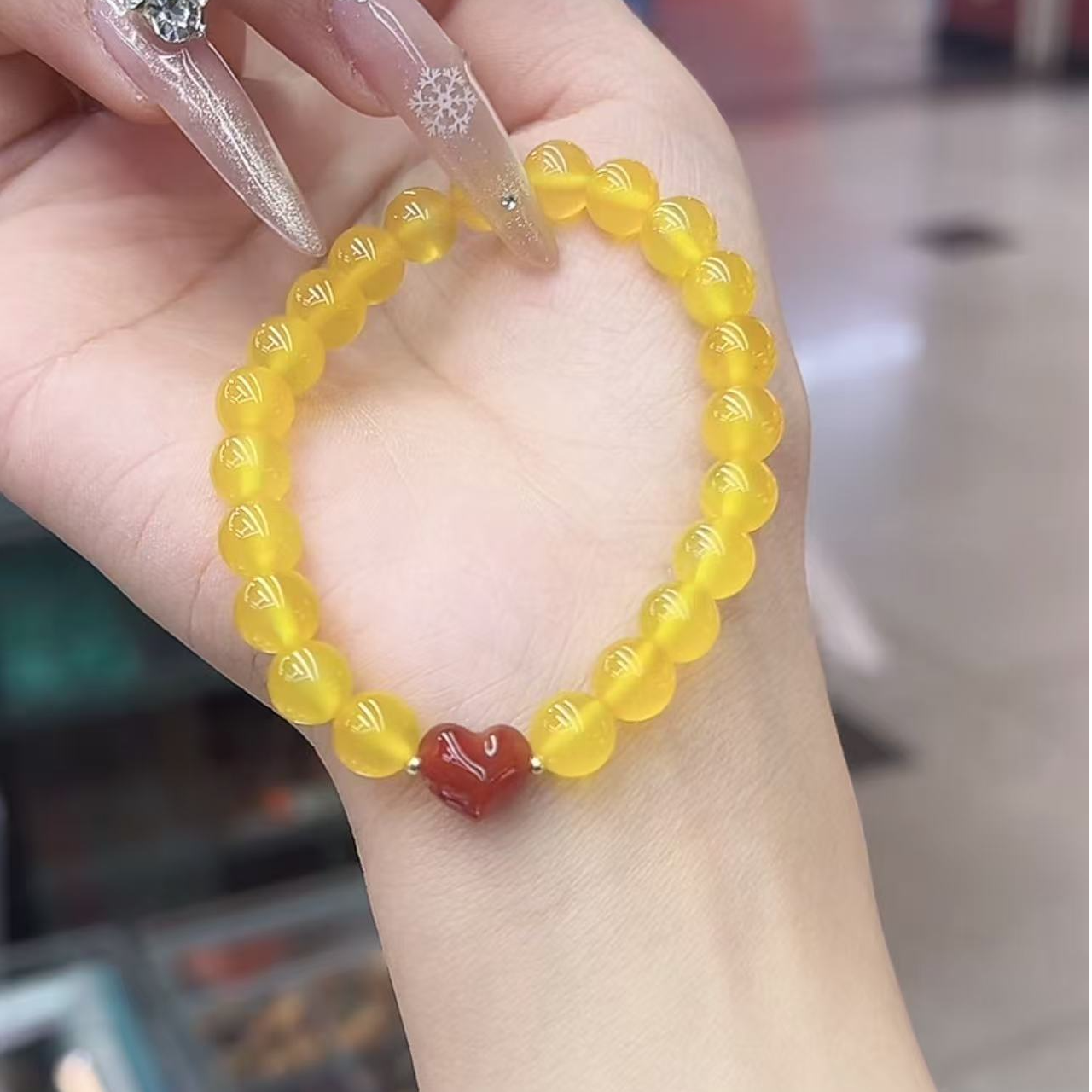 天然冰透金玛瑙爱心女款素圈手串G352-198