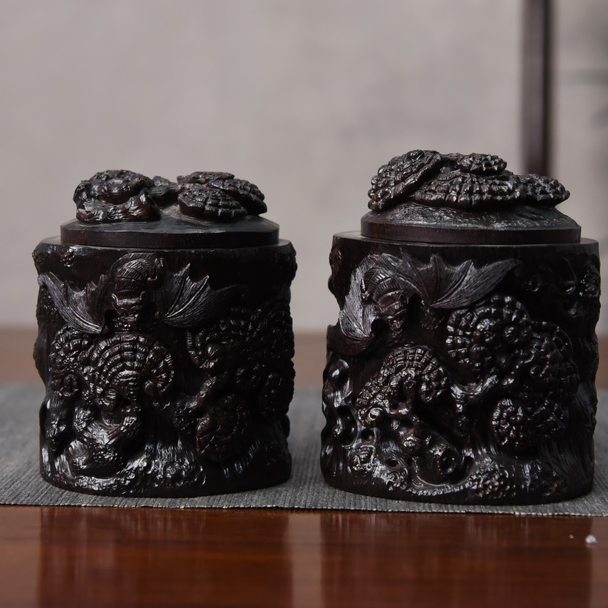 小叶紫檀高12.5cm灵芝有福茶叶罐/对--220525038