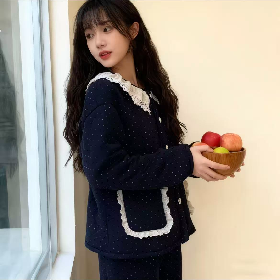 花边领口三层加绒加厚家居服波点套装可外穿冬季舒适简约睡衣保暖