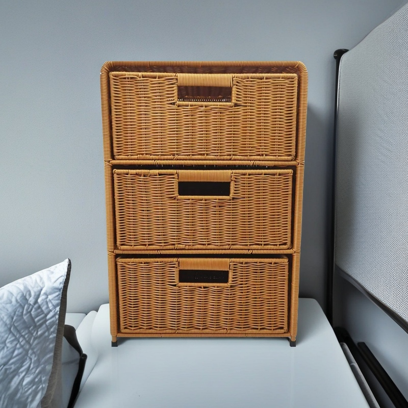 D1仿藤客厅家用简约北欧日式三层抽屉式藤编置物架