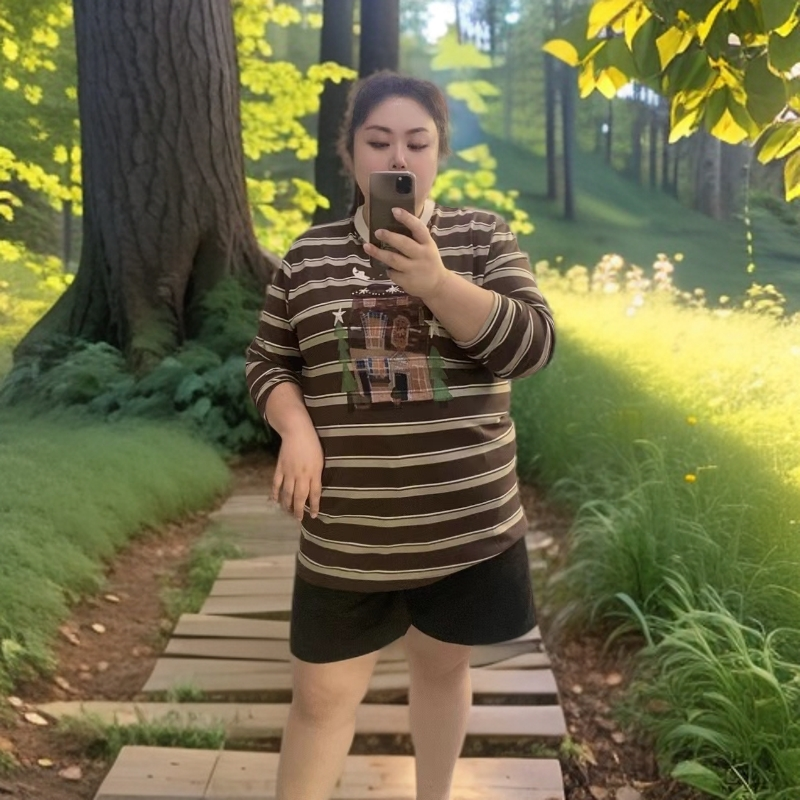 （燃燃推荐）太阳花秋季新款大码条纹重工刺绣长袖体恤8160显瘦休闲