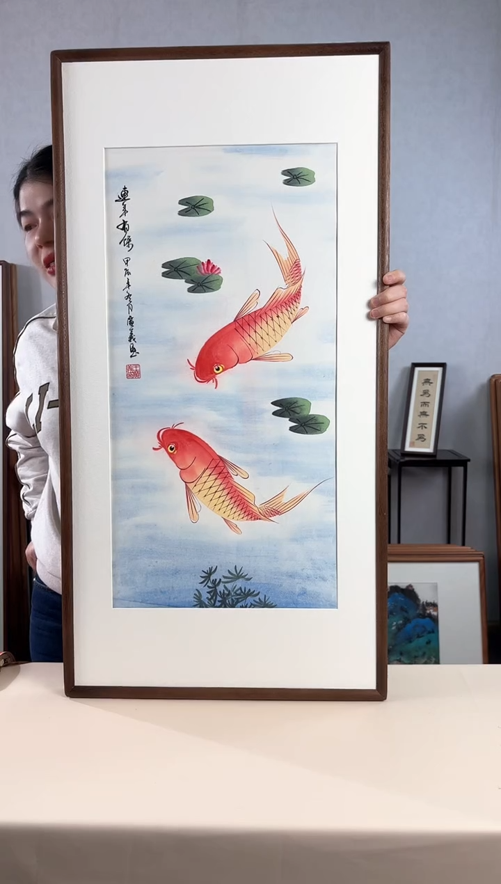 【闪购商品】国画手绘*连年有余*47*92cm实木框