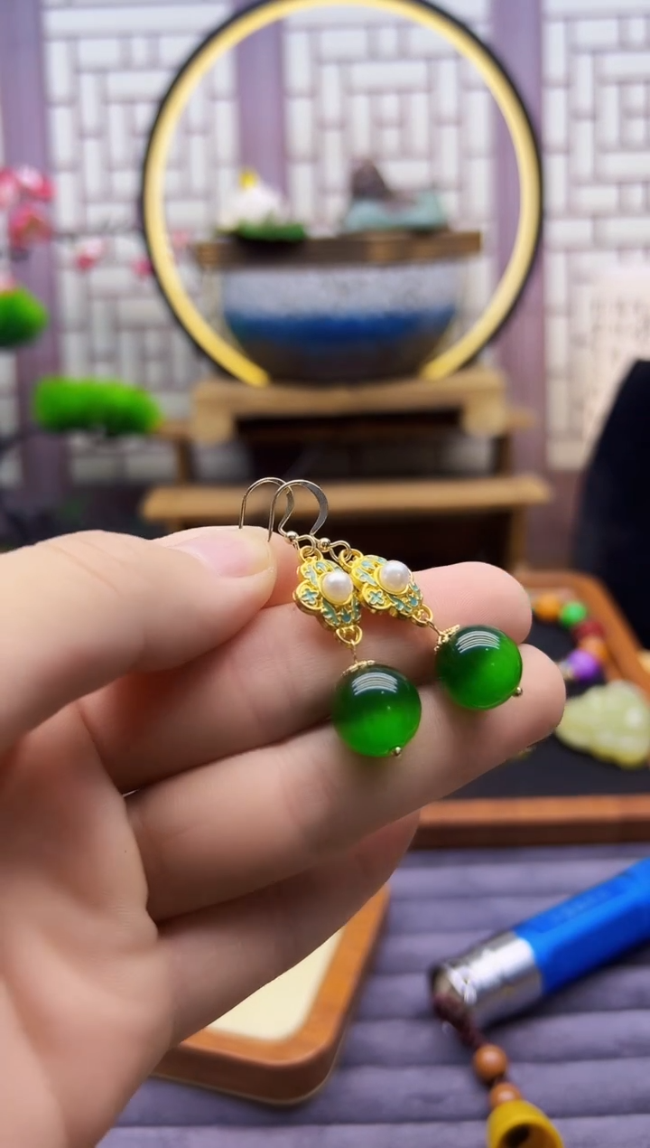 碧玺猫眼耳饰14K金镶嵌E56