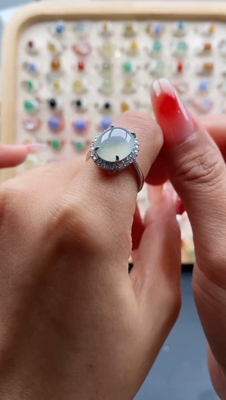 【闪购商品】翡翠戒指银S925镶嵌缅甸天然A货翡翠444 4+6